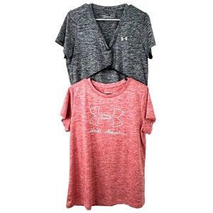 2 Under Armour Womens L Red Black UA Tech VNeck Twist Short Sleeve Shirt 1421R4